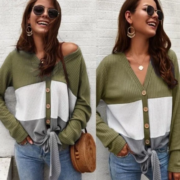 Cozy Button up Waffle Front Tie Top - Picture 9 of 9